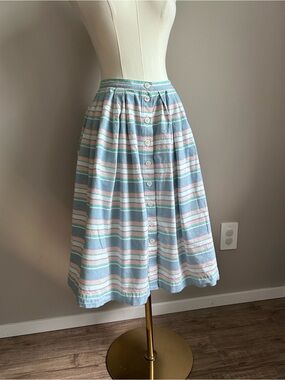 Brooks Brothers Pastel Blue & Pink Striped Button-Front midi Skirt linen cotton